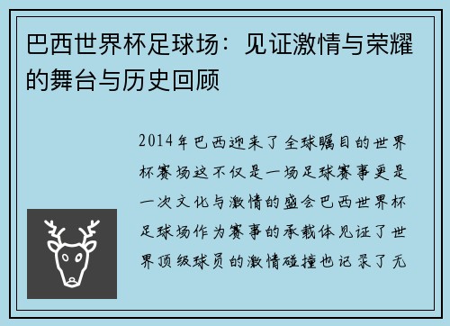 巴西世界杯足球场：见证激情与荣耀的舞台与历史回顾